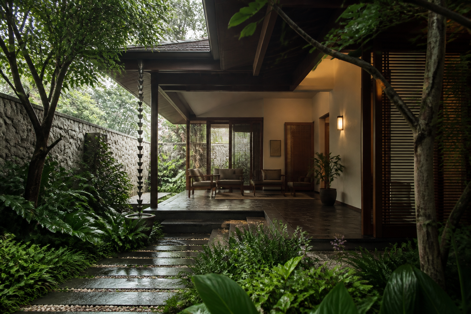 Conceptual shaded villa courtyard opening to a private planted garden Conceptual shaded villa courtyard opening to a private planted garden
