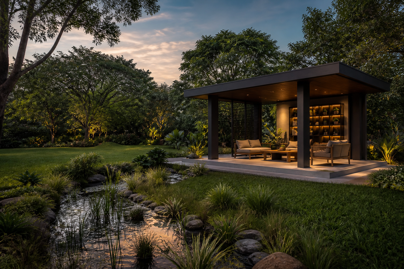 Conceptual open garden pavilion beside a planted rain garden Conceptual open garden pavilion beside a planted rain garden