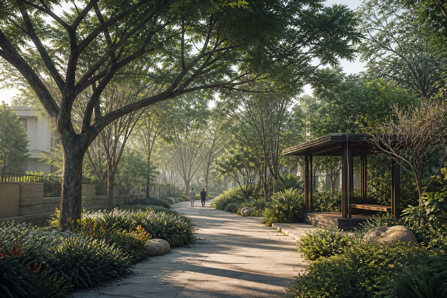 Conceptual tree-lined pedestrian green spine with a small garden pavilion