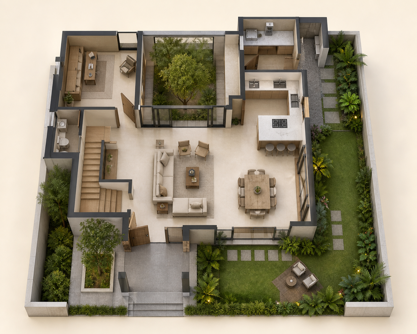 Generic top-down three-dimensional independent-villa planning concept with a courtyard and garden Generic top-down three-dimensional independent-villa planning concept with a courtyard and garden