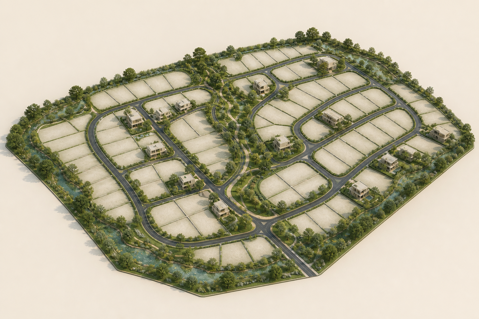 Generic oblique three-dimensional planning concept for plots and independent villas Generic oblique three-dimensional planning concept for plots and independent villas