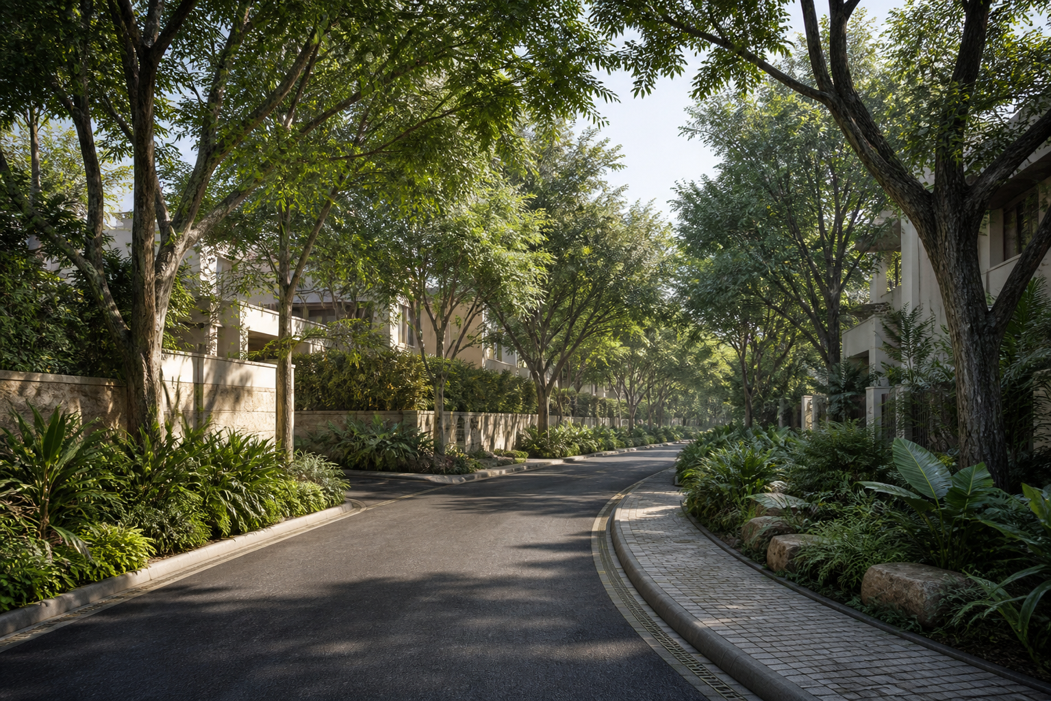 Conceptual tree-lined internal street with discreet villa edges Conceptual tree-lined internal street with discreet villa edges