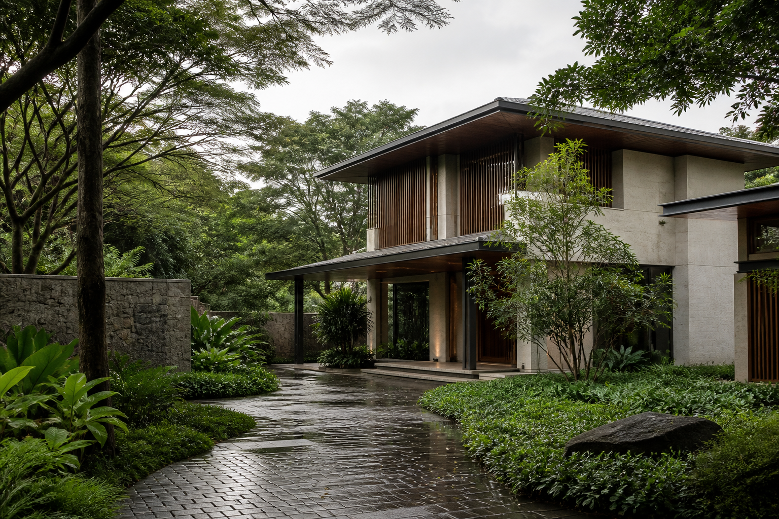 Conceptual contemporary villa arrival court set within mature planting Conceptual contemporary villa arrival court set within mature planting