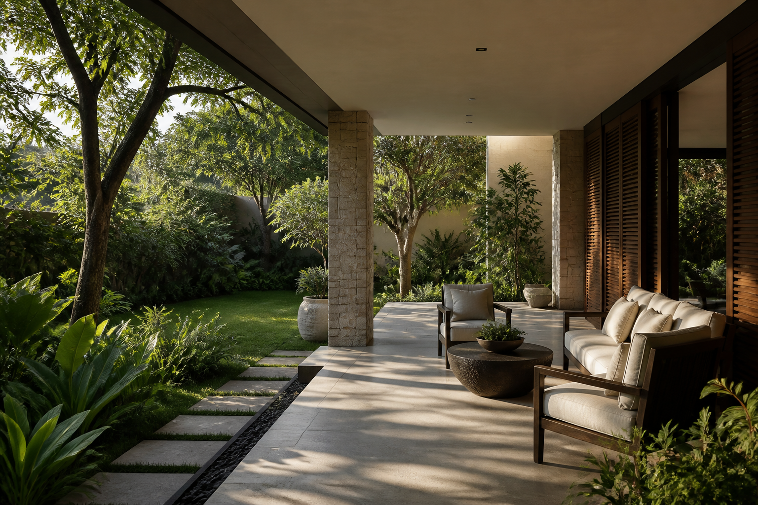 Conceptual shaded independent-villa terrace overlooking a planted garden Conceptual shaded independent-villa terrace overlooking a planted garden