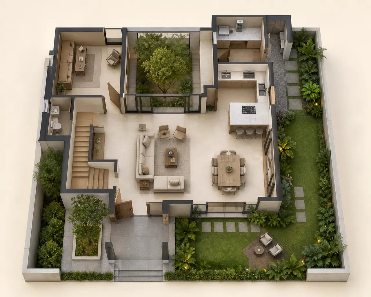 Top-down independent-villa arrangement with shaded rooms, a courtyard and private garden