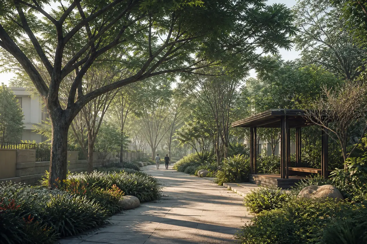 Conceptual tree-lined pedestrian green spine with a small garden pavilion