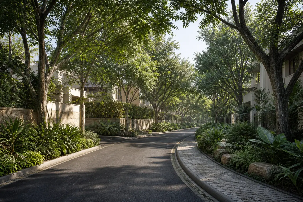Conceptual tree-lined internal street with discreet villa edges