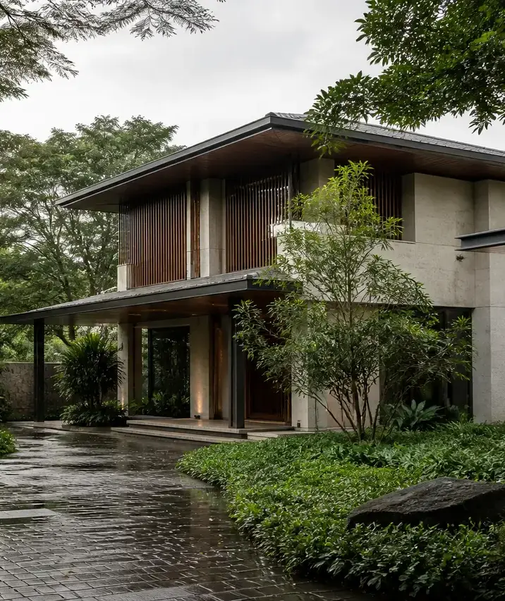 Prestige Bannerghatta Road, artistic impression An independent villa behind a planted arrival court after the rain