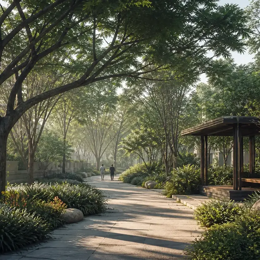 Prestige Bannerghatta Road, artistic impression A shared landscape spine with a garden pavilion under old trees