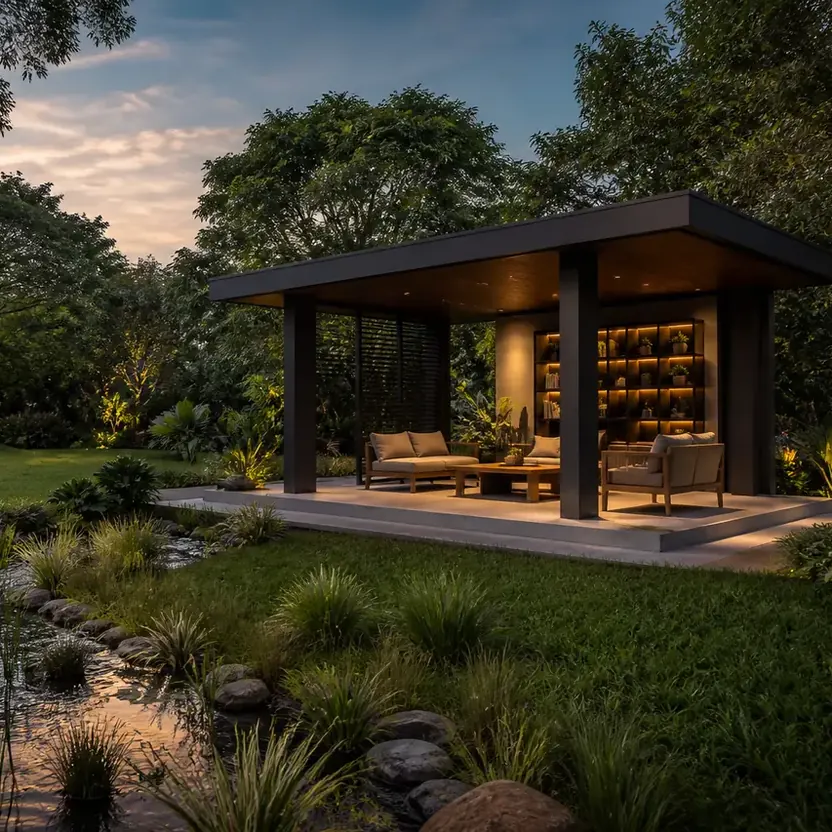 Prestige Bannerghatta Road, artistic impression A garden pavilion beside a pond at dusk