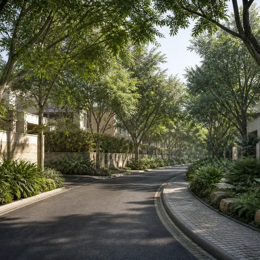 Prestige Bannerghatta Road, artistic impression A tree-lined residential street