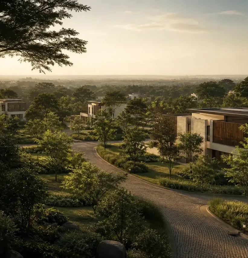Prestige Bannerghatta Road, artistic impression A villa among old trees above a winding garden path at sunset